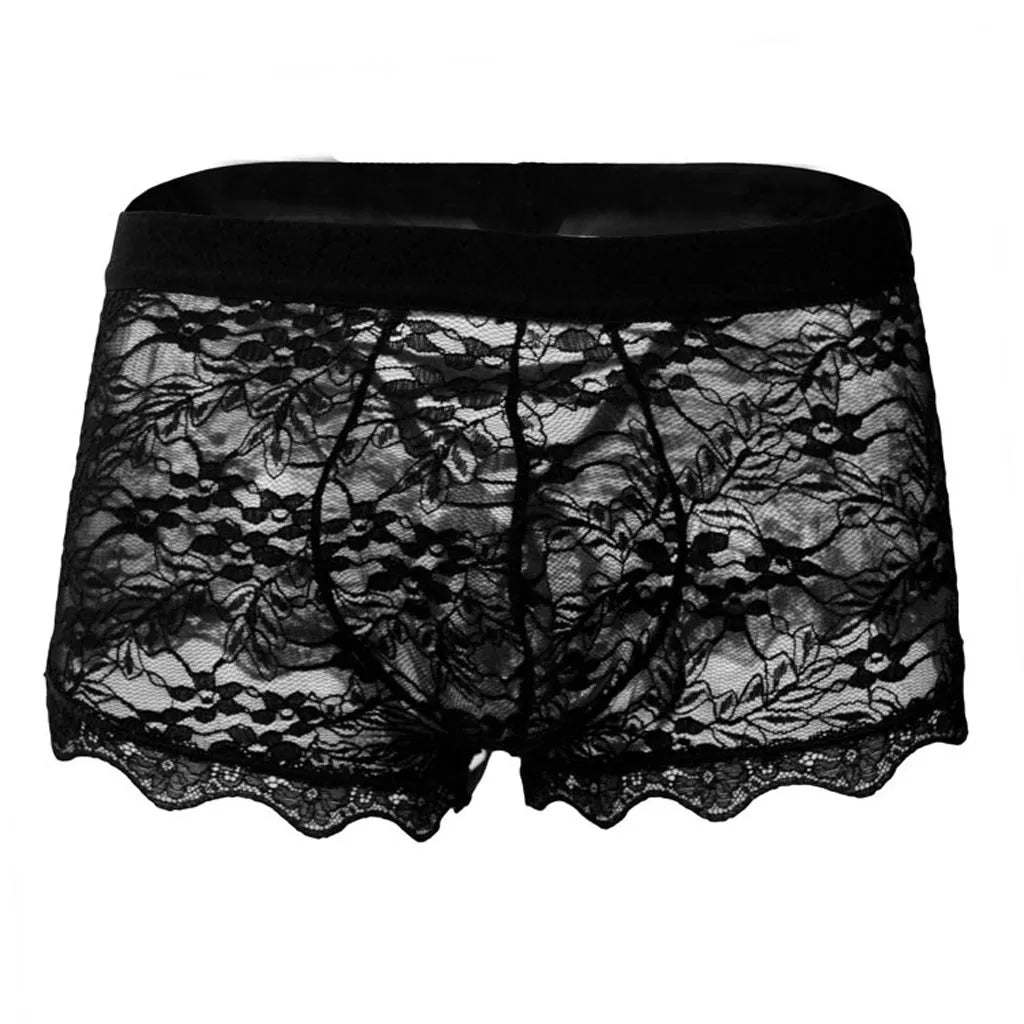 2024 Men‘s Sexy Lace Patchwork Panties Breathable Comfortable High Waist Men Underwear Solid Color See-Through Boyshorts