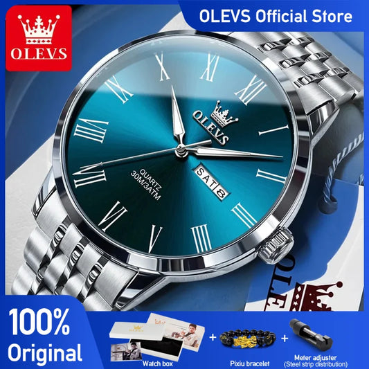 OLEVS 3633 Men's Watch Business Simply Original Quartz Watch for Man Waterproof Luminous Stainless Steel  Dual Calendar Display