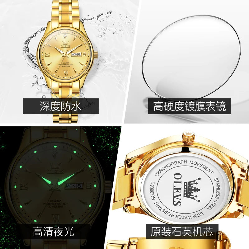 OLEVS Top Brand Elegant Women's Watches Gold Waterproof Fashion Original Quartz Watch for Lady Calendar Week Female Wristwatch