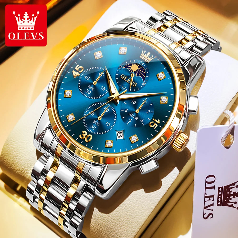 OLEVS 3652 Luxury Men's Watch Business Multifunctional Calendar Moon Phase Timing Waterproof Watch Top Brand Men's Quartz Watch