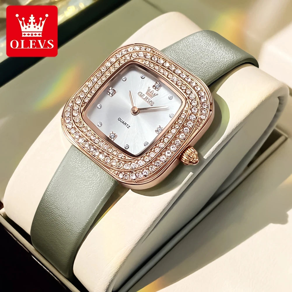 OLEVS 5512 Women Watch Luxury Diamond Square Dial Elegant Comfortable Waterproof Leather Strap Fashion Brand Women Quartz Watch