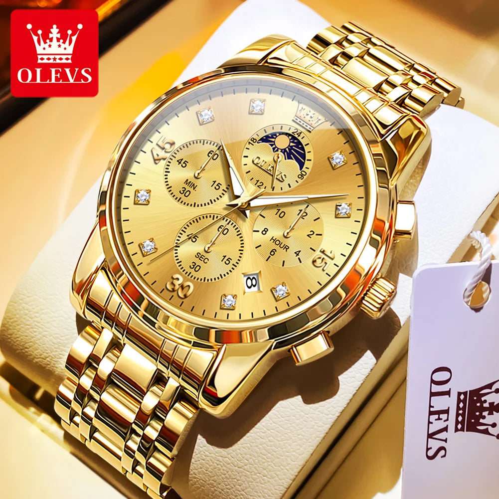 OLEVS 3652 Luxury Men's Watch Business Multifunctional Calendar Moon Phase Timing Waterproof Watch Top Brand Men's Quartz Watch