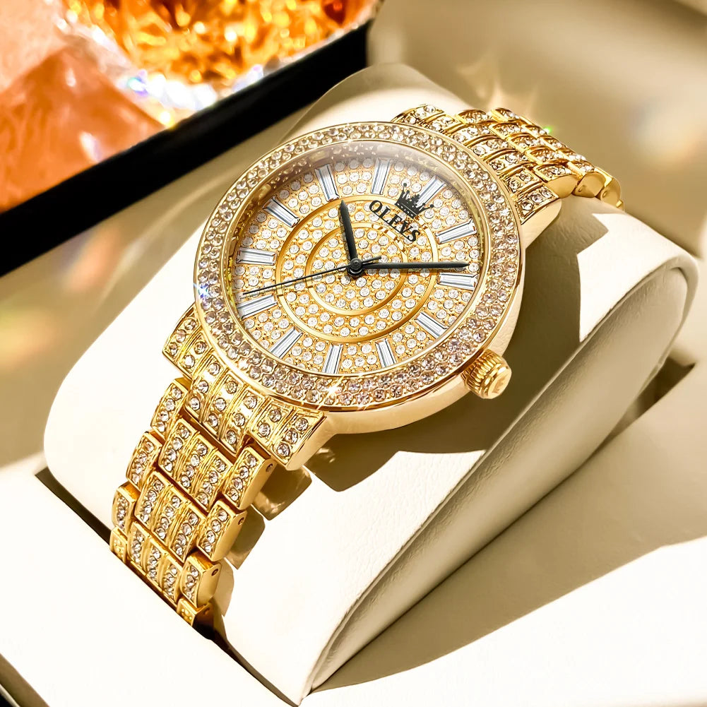 OLEVS Women's Watches Luxury Elegant Full Diamonds Original Quartz Watch for Man Waterproof Stainless Steel Gift Box Bracelet