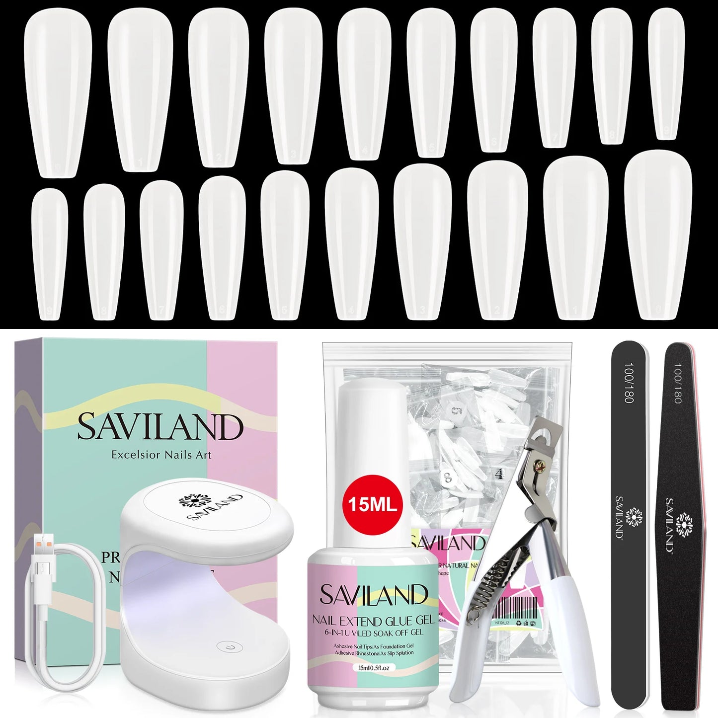 SAVILAND 500pcs Gel X Nail Kit For Extension Nail Tips Full Cover Press On Nails Sculpted Coffin Almond with UV LED Nail Lamp