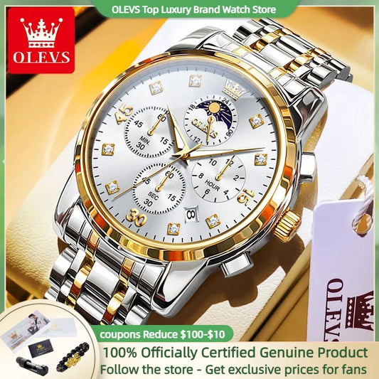 OLEVS 3652 Luxury Men's Watch Business Multifunctional Calendar Moon Phase Timing Waterproof Watch Top Brand Men's Quartz Watch