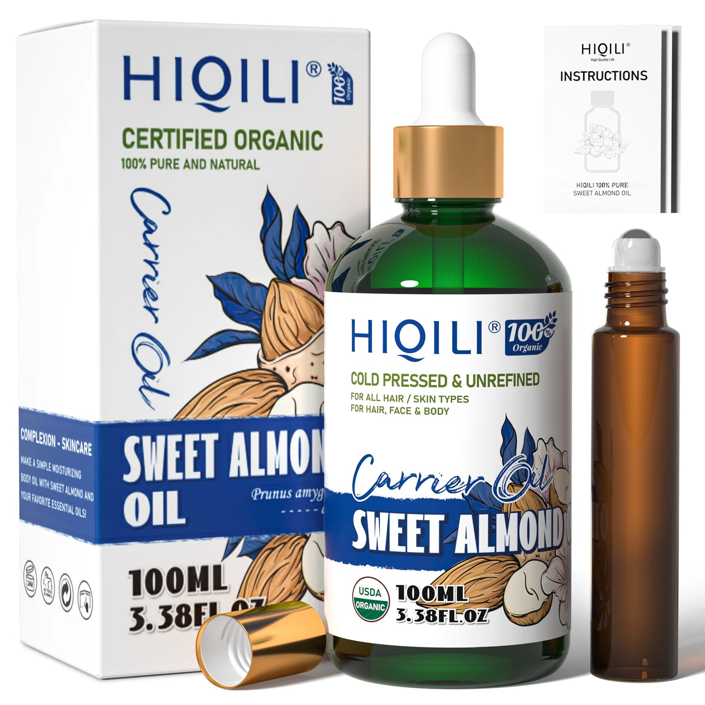 HIQILI 100ML Sweet Almond Oil ,Pure and Natural Carrier Oil for Hair, Skin, Body, Massage, Diluting Essential Oils