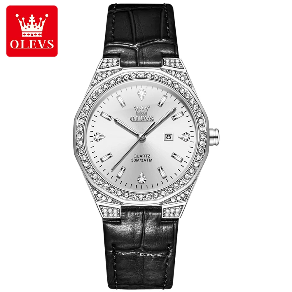 OLEVS Original Women's Watches Diamond Lap Fashion Leather Strap 3m Waterproof Luminous Ladies Wristwatch Quartz Watch for Women