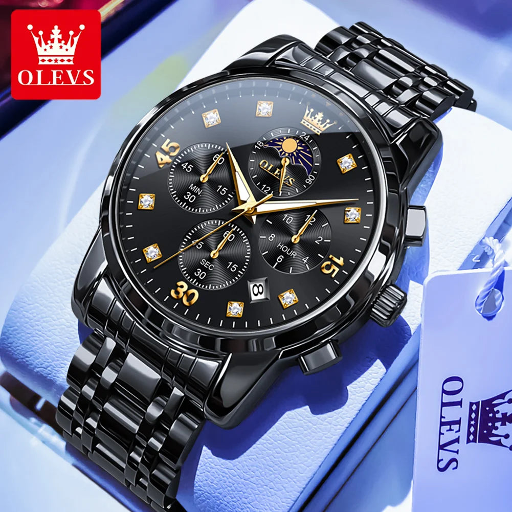 OLEVS 3652 Luxury Men's Watch Business Multifunctional Calendar Moon Phase Timing Waterproof Watch Top Brand Men's Quartz Watch