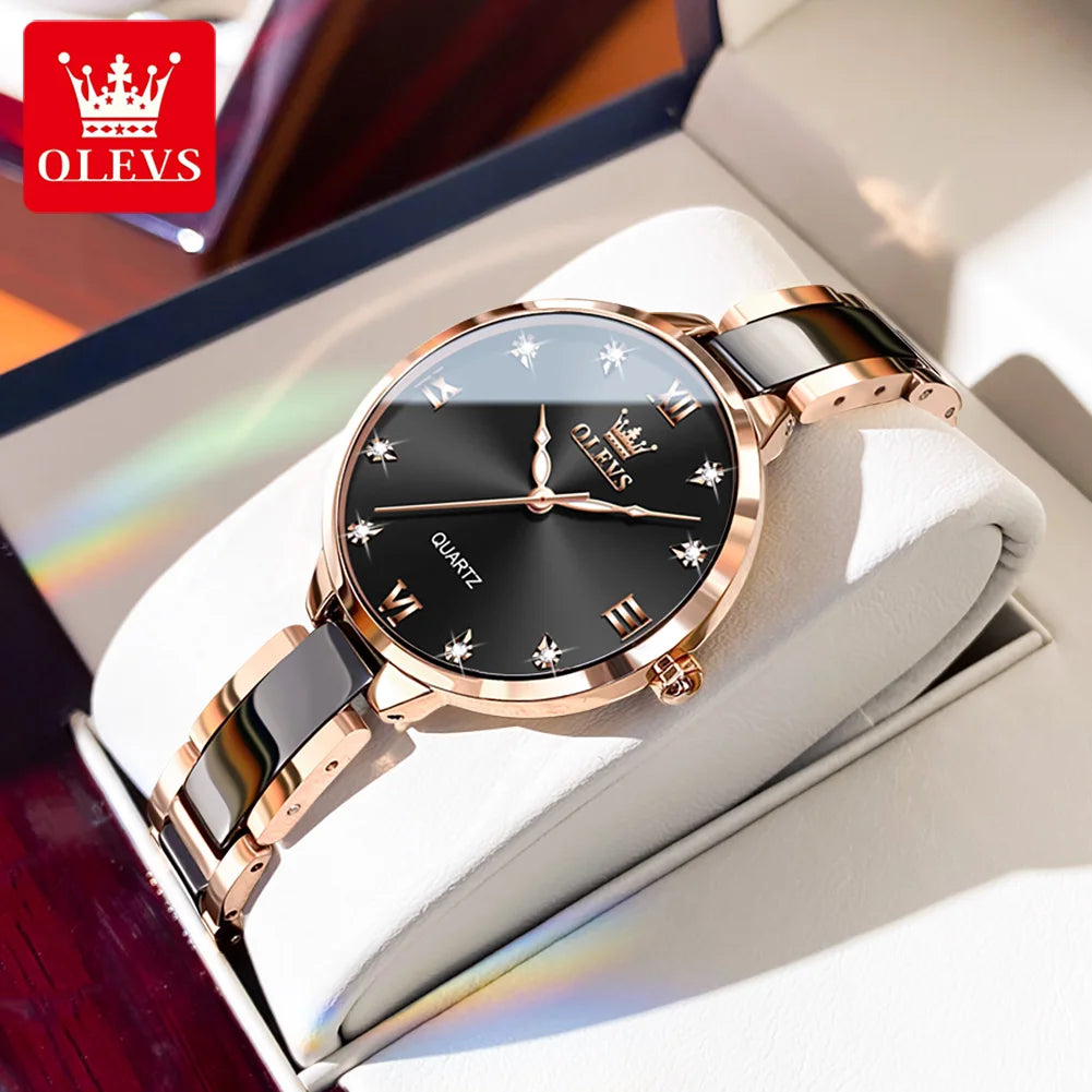 OLEVS Original Quartz Watch for Women Japan Movement Elegant Ceramic Strap Diamond Dial Ladies Watch Waterproof Relógio Feminino