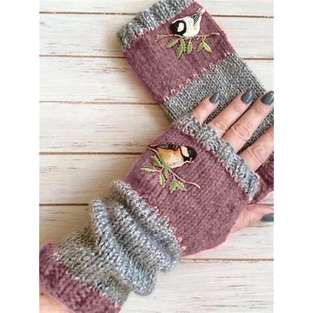 Outdoor Gloves For Women Winter Knit Gloves Warm Plus Velvet Embroidere Gloves Soft Thick Flexible Half Finger Winter Gloves