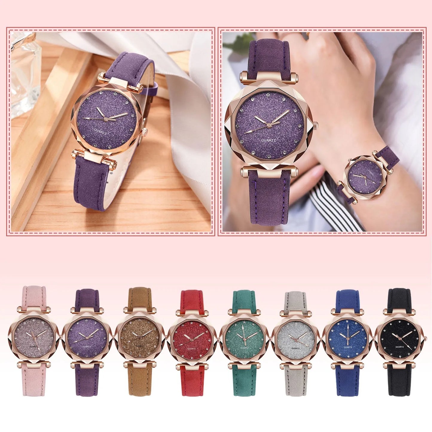 Silver Powder Diamond Face Women'S Watch Frosted Leather Strap For Women'S Casual Trend Two Piece Set Watch Stem Replacement 시계