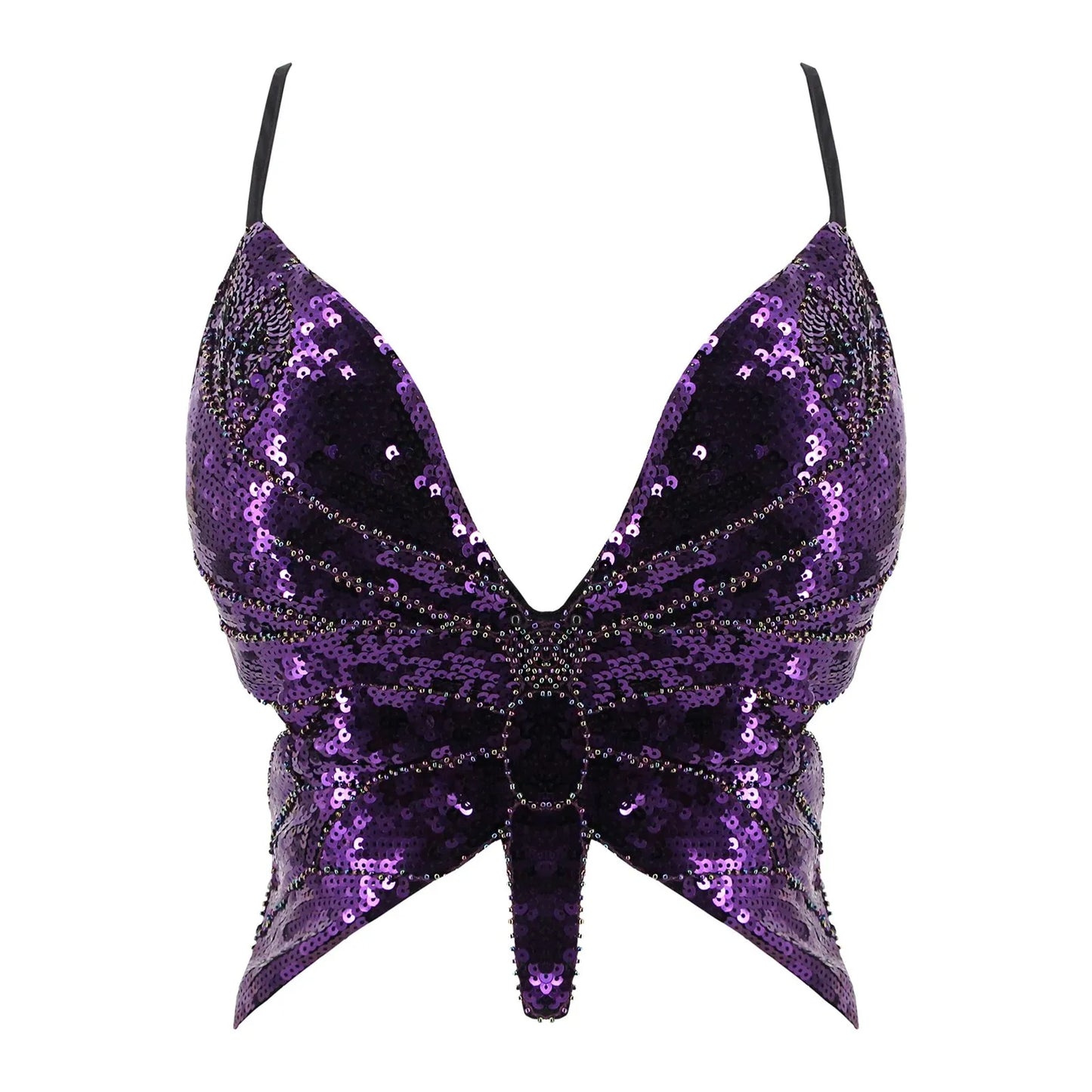 Sexy Glitter Sequins Butterfly Night Club Bra Vest Women's Fashion Sparkly Sleeveless Bandage Tank  Top Female Crop Dance Vest