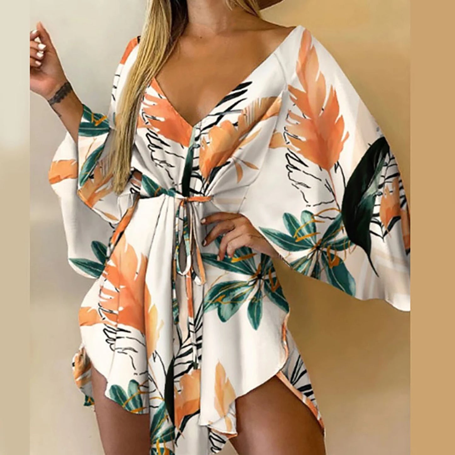 Batwing Sleeve Harajuku Dress Sexy V-Neck Leaf Print Party Dress Women Elegant Lace-Up Waist Dress Casual Irregular Beach Dress