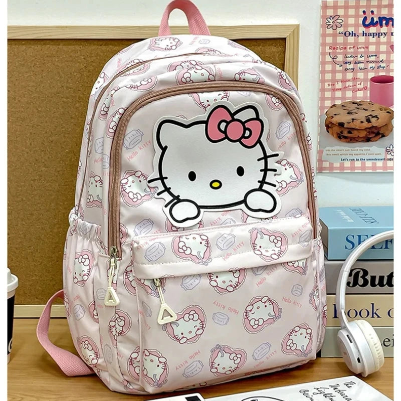 Sanrio School Bag Cute Kuromi Melody Cinnamoroll Large Capacity Backpack Boys Girls Cartoon Hello Kitty Kawaii Canvas Schoolbag