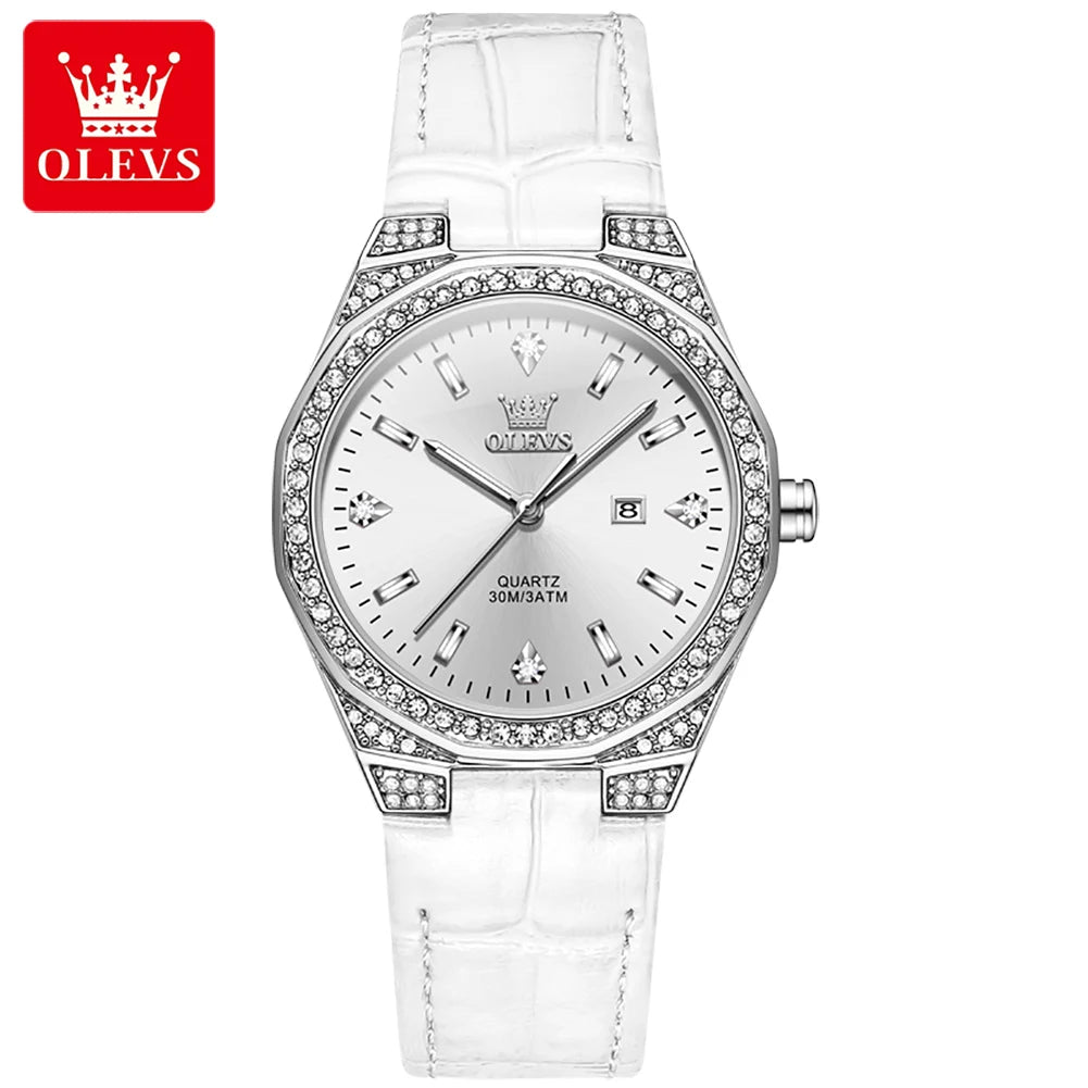 OLEVS Original Women's Watches Diamond Lap Fashion Leather Strap 3m Waterproof Luminous Ladies Wristwatch Quartz Watch for Women