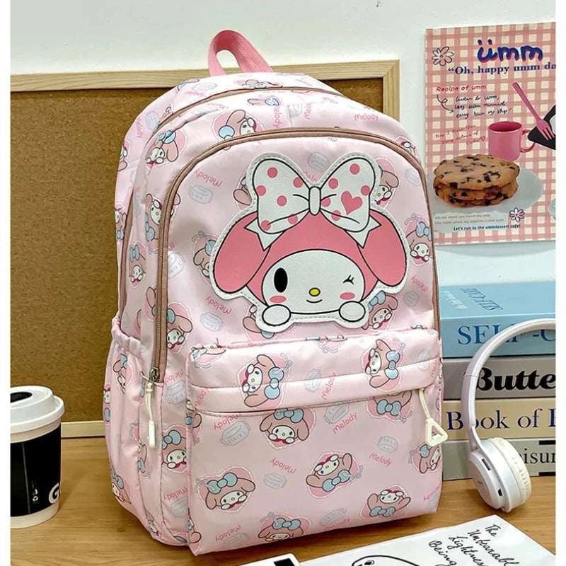 Sanrio School Bag Cute Kuromi Melody Cinnamoroll Large Capacity Backpack Boys Girls Cartoon Hello Kitty Kawaii Canvas Schoolbag