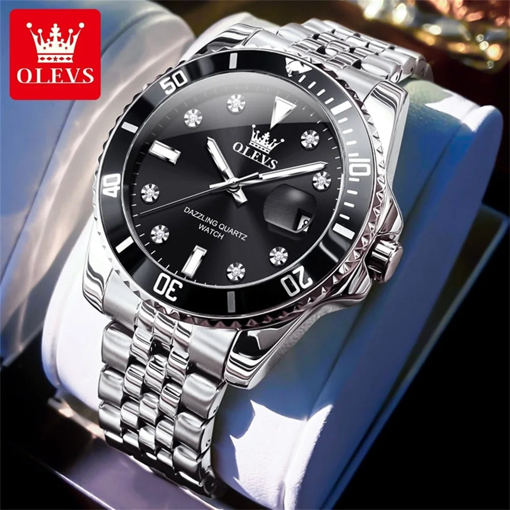 OLEVS 9809 Mens Watch Original Fashion Quartz Watch Zircon Scale Waterproof Luminous Reloj Hombre Automatic Date Watch For Man