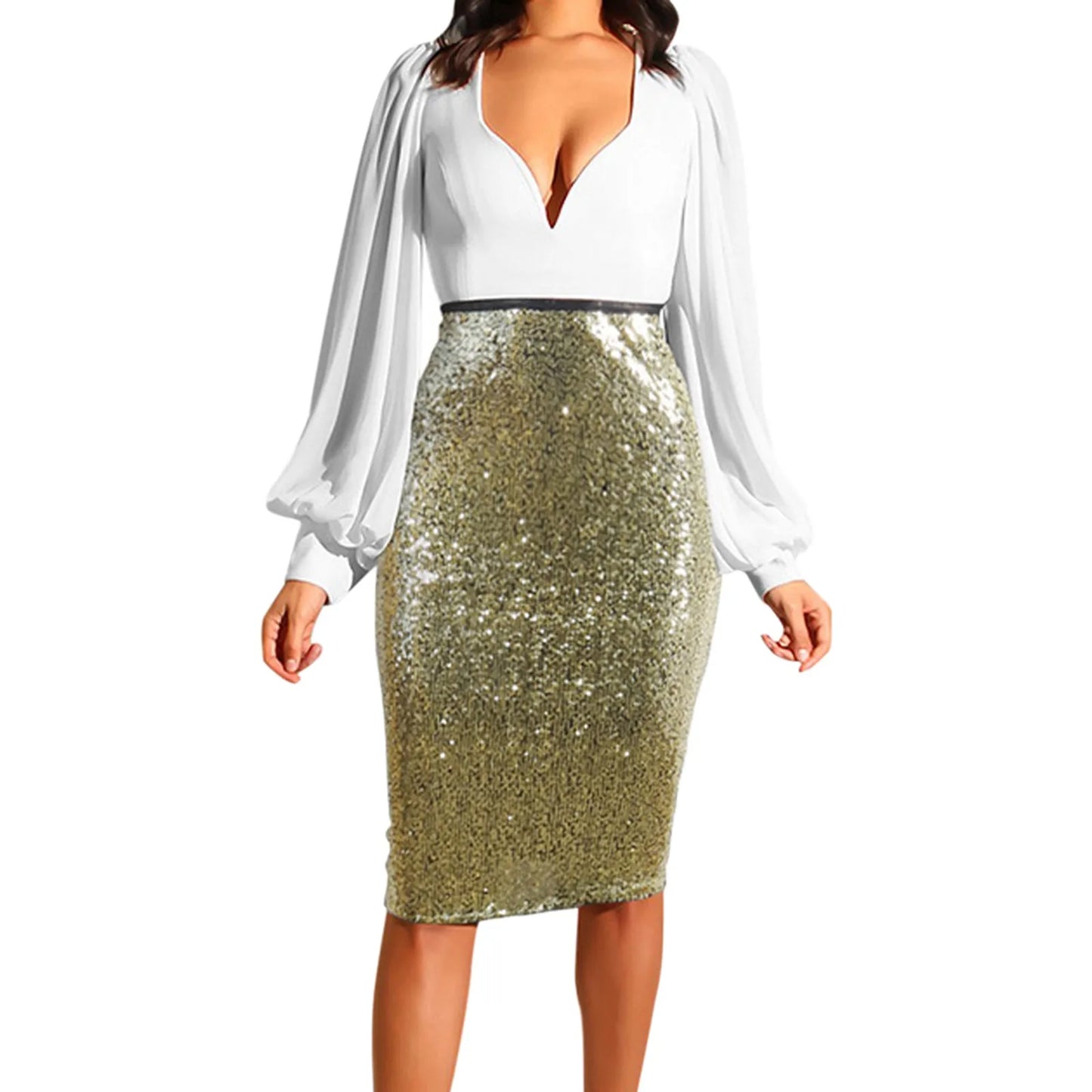 Women's Elegant Skirt Ladies Solid Color Sequins Sparkle Fashion High Waist Slimming Wrap Hip Cocktail Party Half Body Skirt