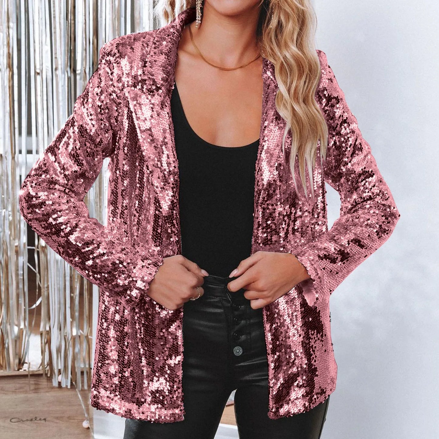 Women Golden Sequins Casual Long Sleeve Glitter Shiny Lapel Party Coat Outerwear Temperament Streetwear Autumn Winter Outwears