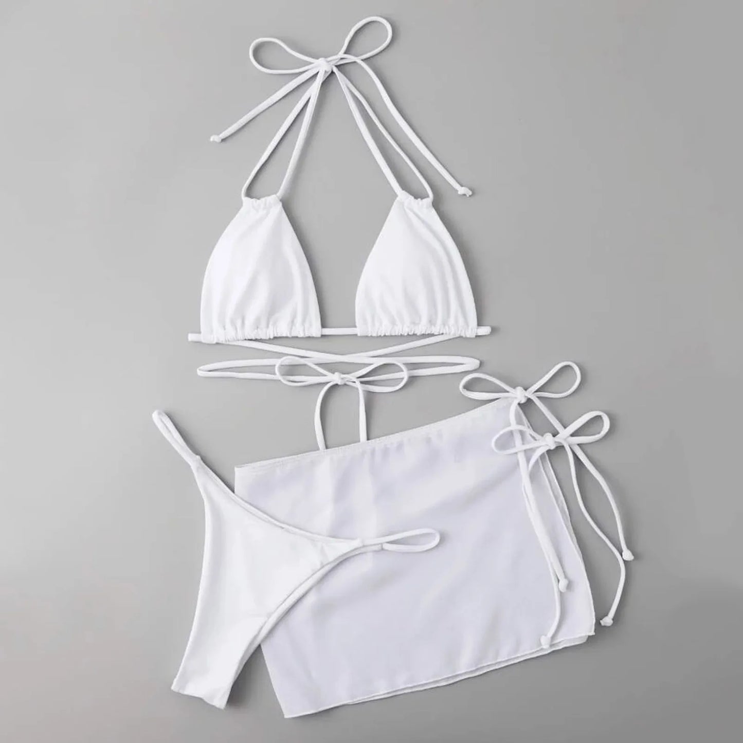 Womens Summer Swim Suit Solid Color Drawstring Strap Three Pieces Beachwear Sexy Bikinis Sets Quick Drying Women Swimsuit