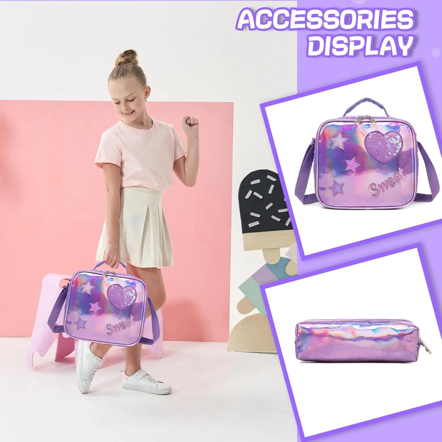 3PCS Cute Sequin Girls Rolling Backpack Primary Child School Backpacks Girl with Wheels Back to School Bags for Kids Luggage