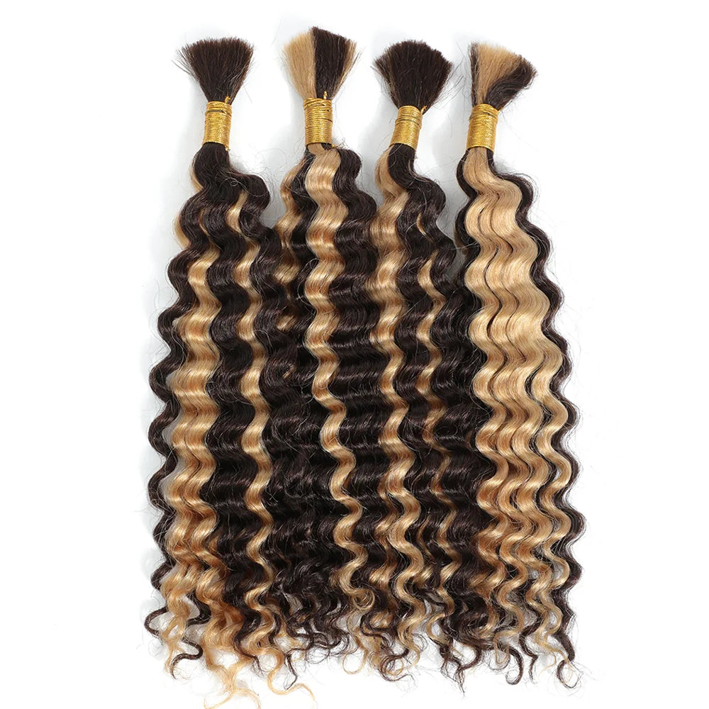 Human Braiding Hair 1 Bundle 20 Inch Human Hair Bundles for Braiding Highlight P4/27 Color Deep Wave Bulk Human Hair Bundles