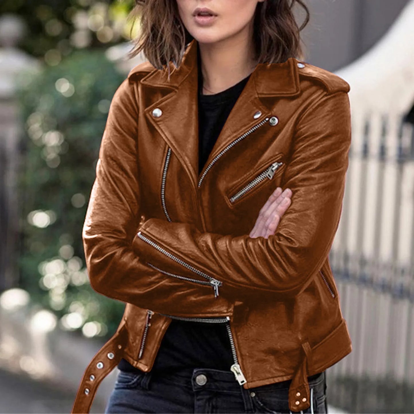 Autumn Women Plus Size PU Leather Jackets Slim Zipper Up Moto Biker Bomber Jacket Winter Belted Retro Women Short Coats S-5XL