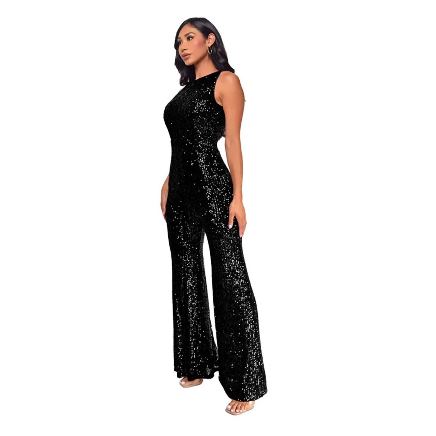 Sparkling Sequins Jumpsuits For Women Elegant Sleeveless Party Overalls Nightclub High Waist Straight Leg Pants Rompers Jumpsuit