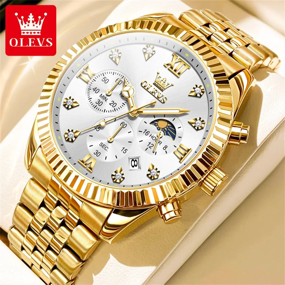 OLEVS 2932 High end Men's Watch Classic Lunar Phase Waterproof Stainless Steel Chronograph Watch Luxury Brand Quartz Men's Watch