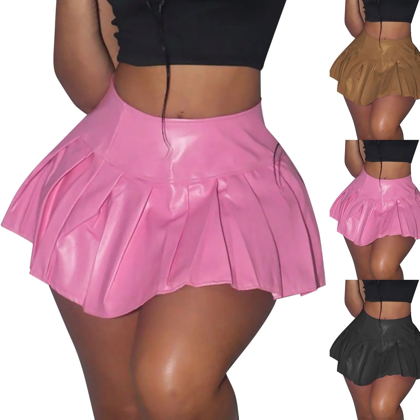 Pink Sexy PU Leather Mini Skirt High Street Summer Women Mini Skirts Shiny Bodycon Party Clubwear Short Pleated Skirt Bottoms