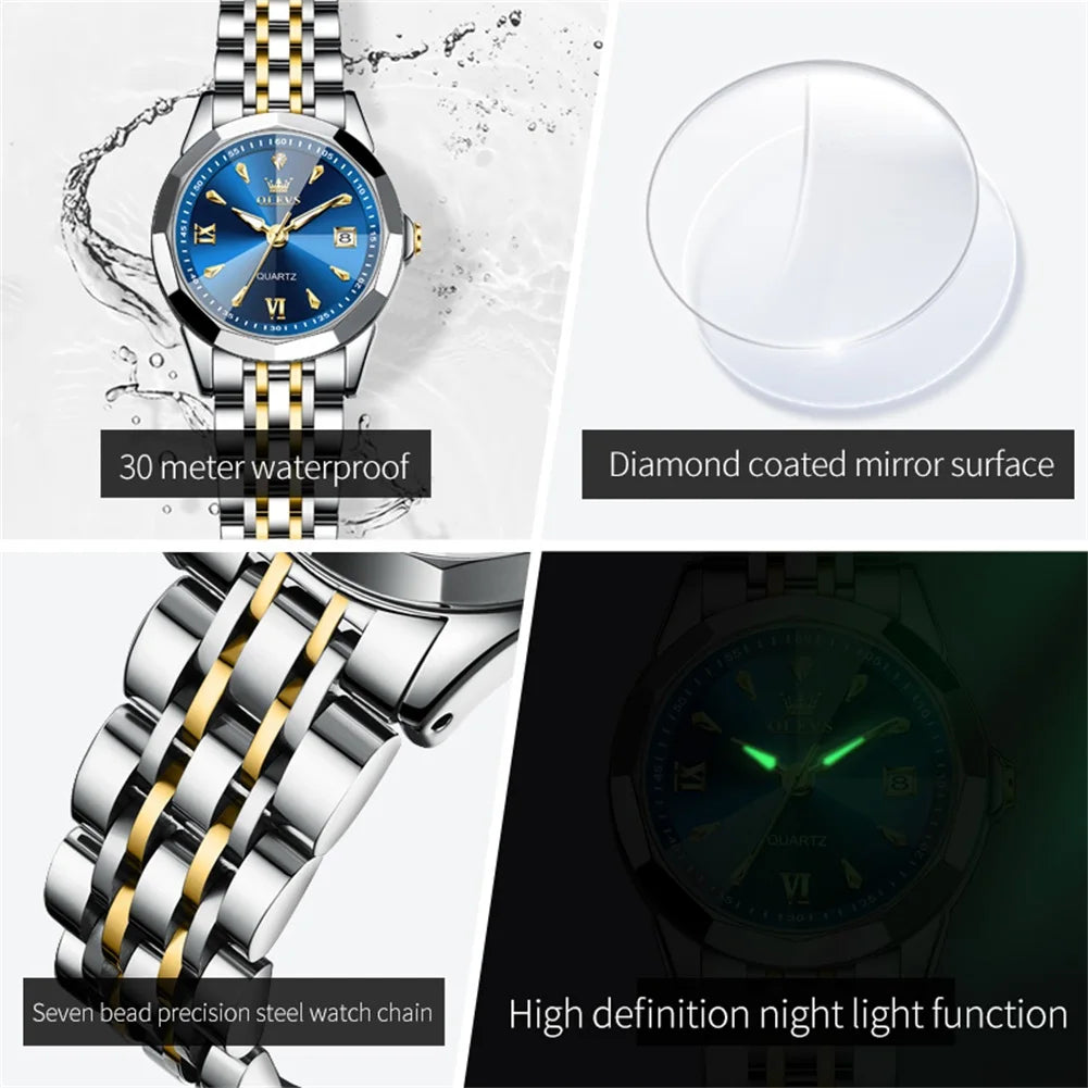 OLEVS 9998 Fashion Simple Women Quartz Watch Classic Rhombus Mirror Waterproof Double Calendar Watch Luxury Elegant Women Watch