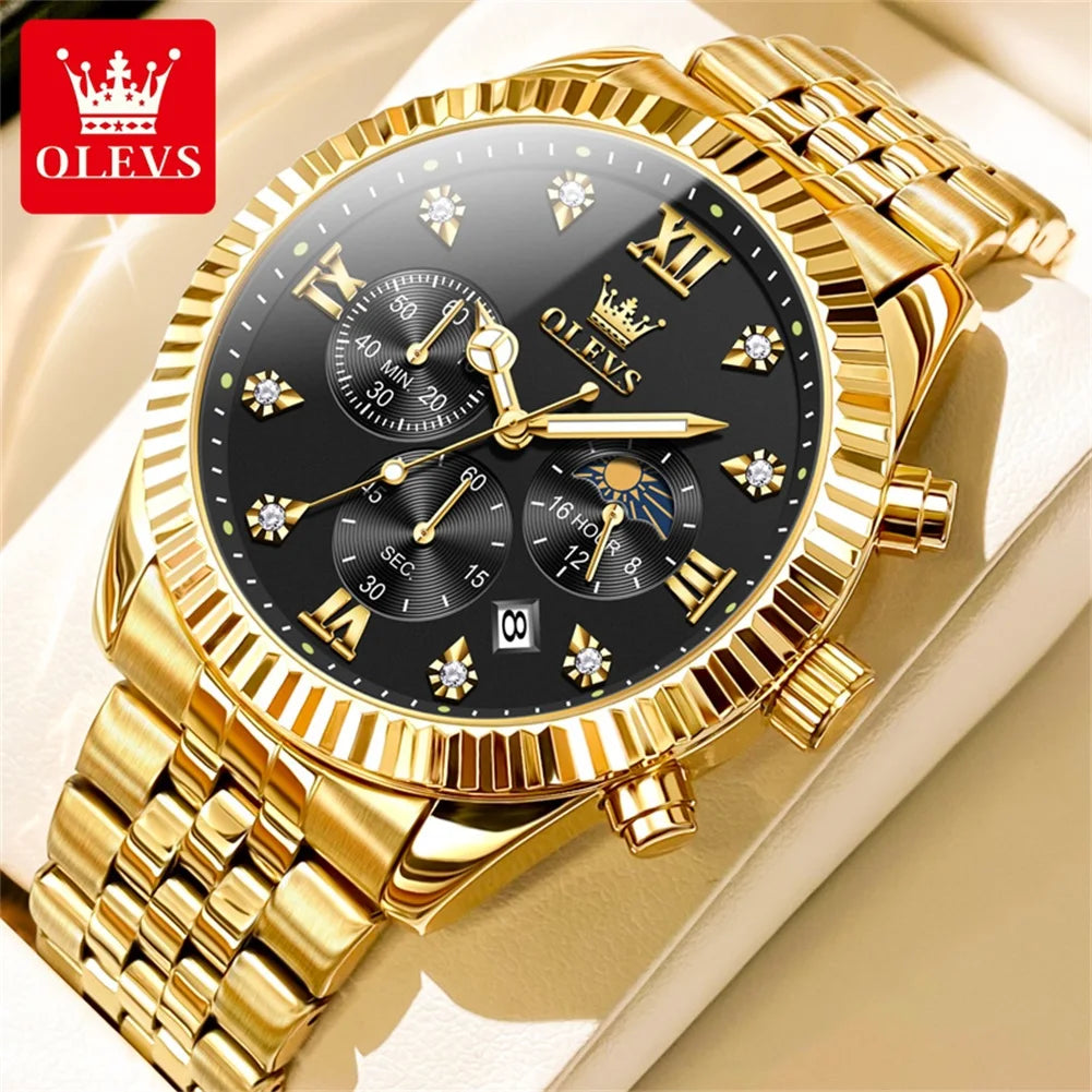 OLEVS 2932 High end Men's Watch Classic Lunar Phase Waterproof Stainless Steel Chronograph Watch Luxury Brand Quartz Men's Watch