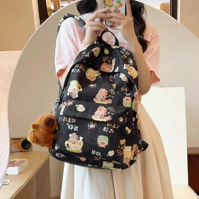 Cute Girl Backpack Lightweight Middle School Bag Large Capacity Capybara Student Backpack Nylon Handbag Student Laptop Bag