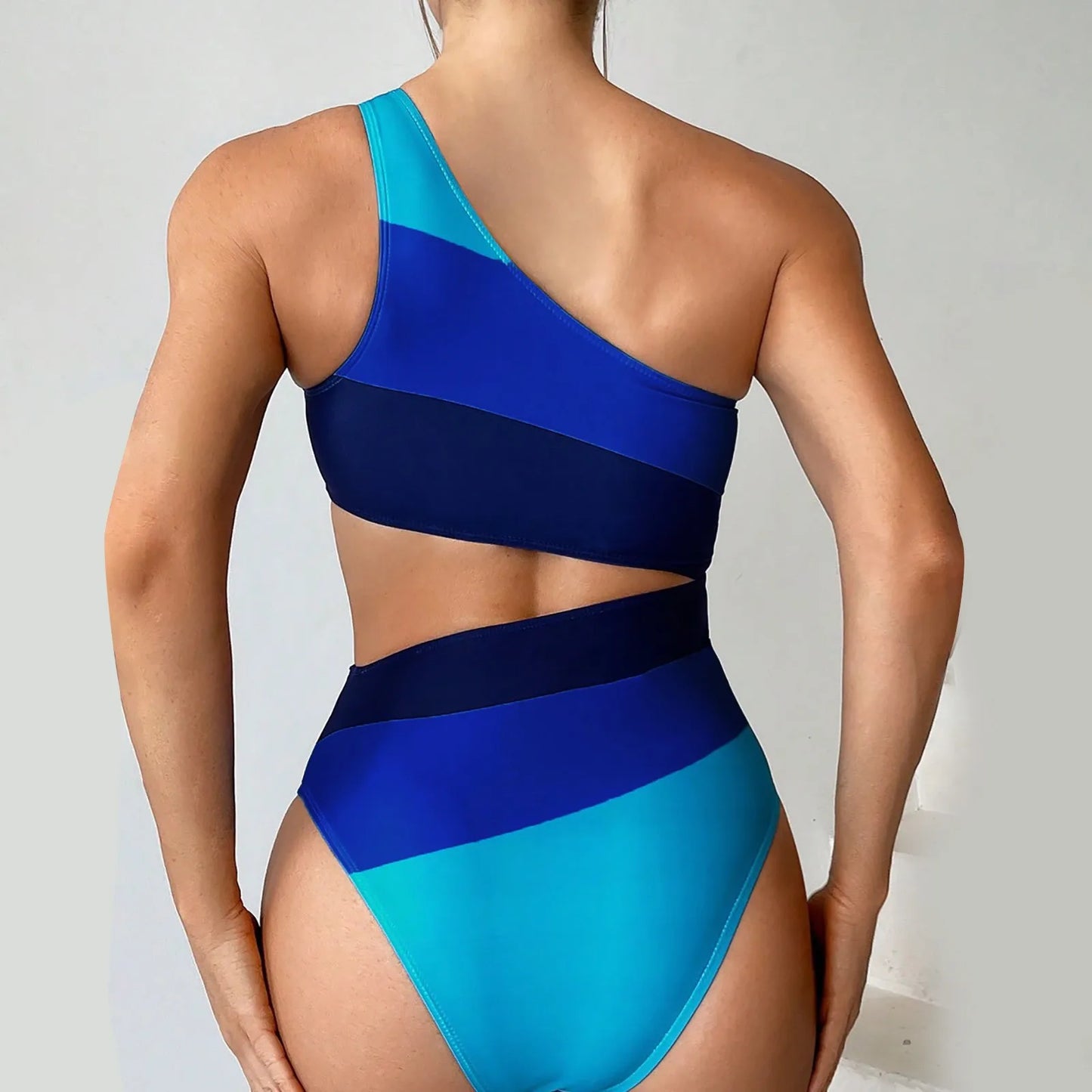 One Shoulder Bathing Suit Cutout Color Block Bikinis Sets Women'S Color Block High Waisted Swimsuit Sporty Swimwear 2024 Trend