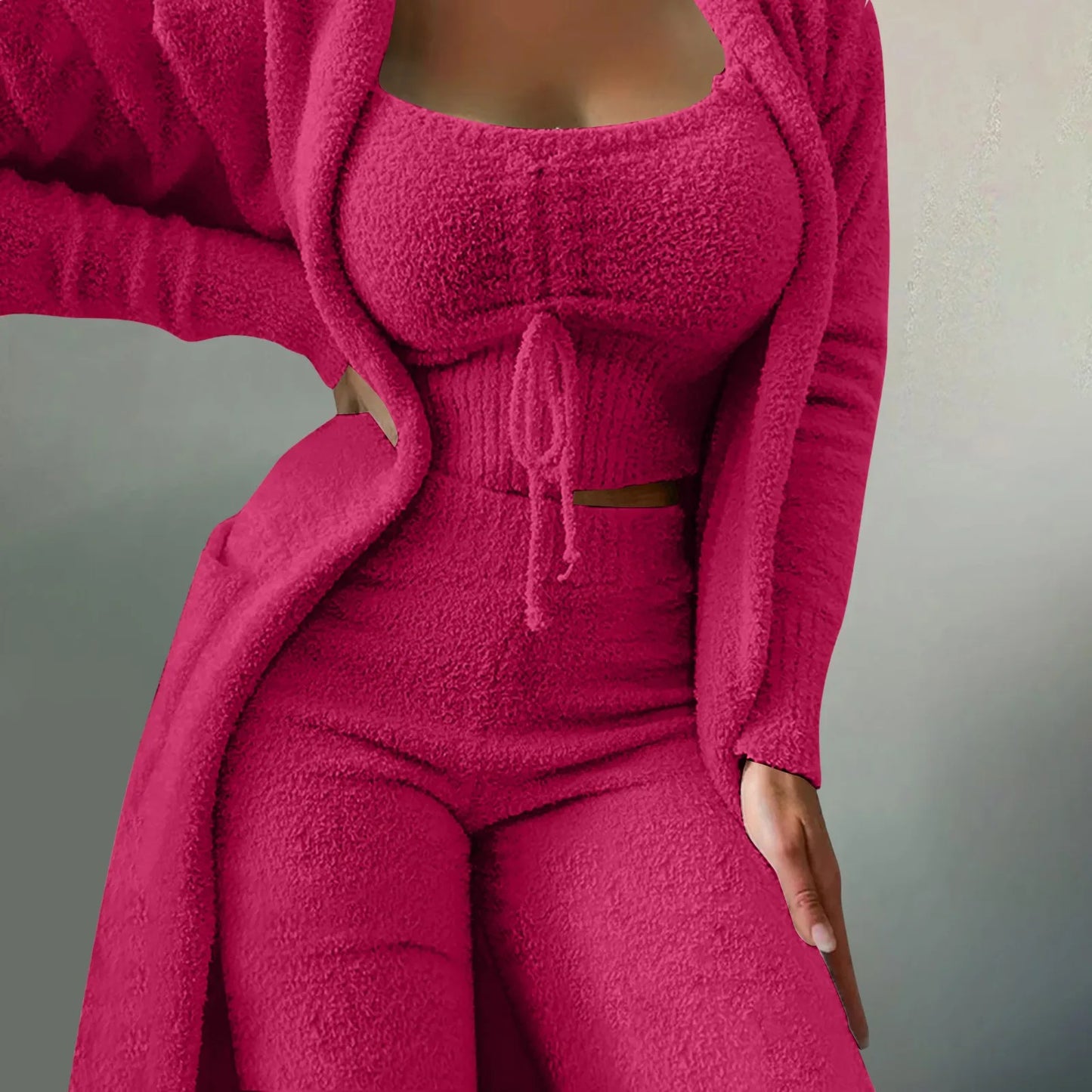 Women Fleece 3 Pc Teddy Spaghetti Strap Crop Tank Wide Long Pants Fuzzy Kimono Cozy Sweatsuit Women Clothing Pantalones De Mujer