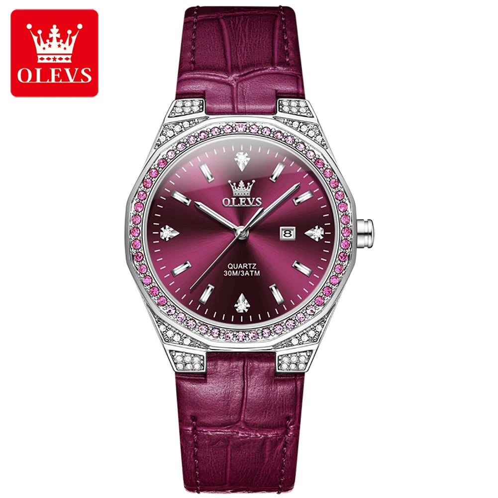 OLEVS Original Women's Watches Diamond Lap Fashion Leather Strap 3m Waterproof Luminous Ladies Wristwatch Quartz Watch for Women