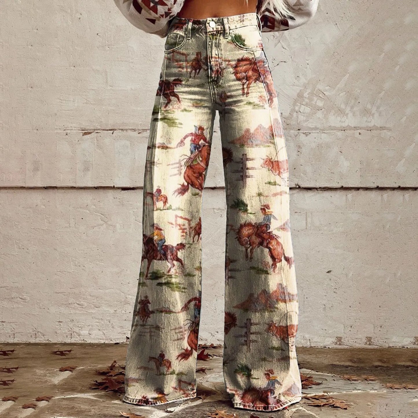 High Waisted Casual Vintage Wide Leg Imitation Jeans Women Fashion 90s Floral Printed Denim Pants Loose Fit Pocket Button Pants