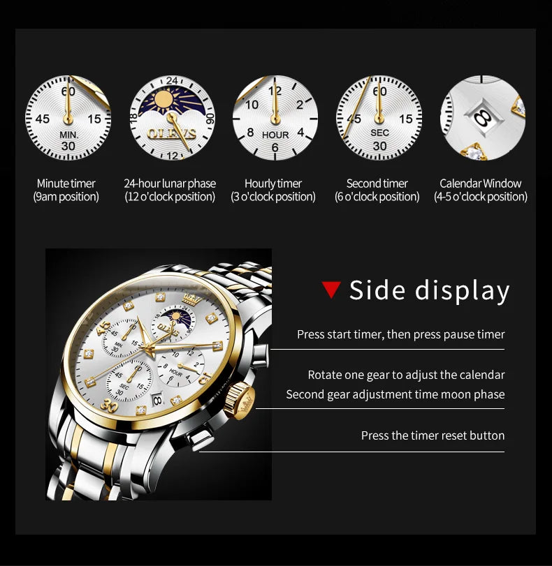 OLEVS 3652 Luxury Men's Watch Business Multifunctional Calendar Moon Phase Timing Waterproof Watch Top Brand Men's Quartz Watch