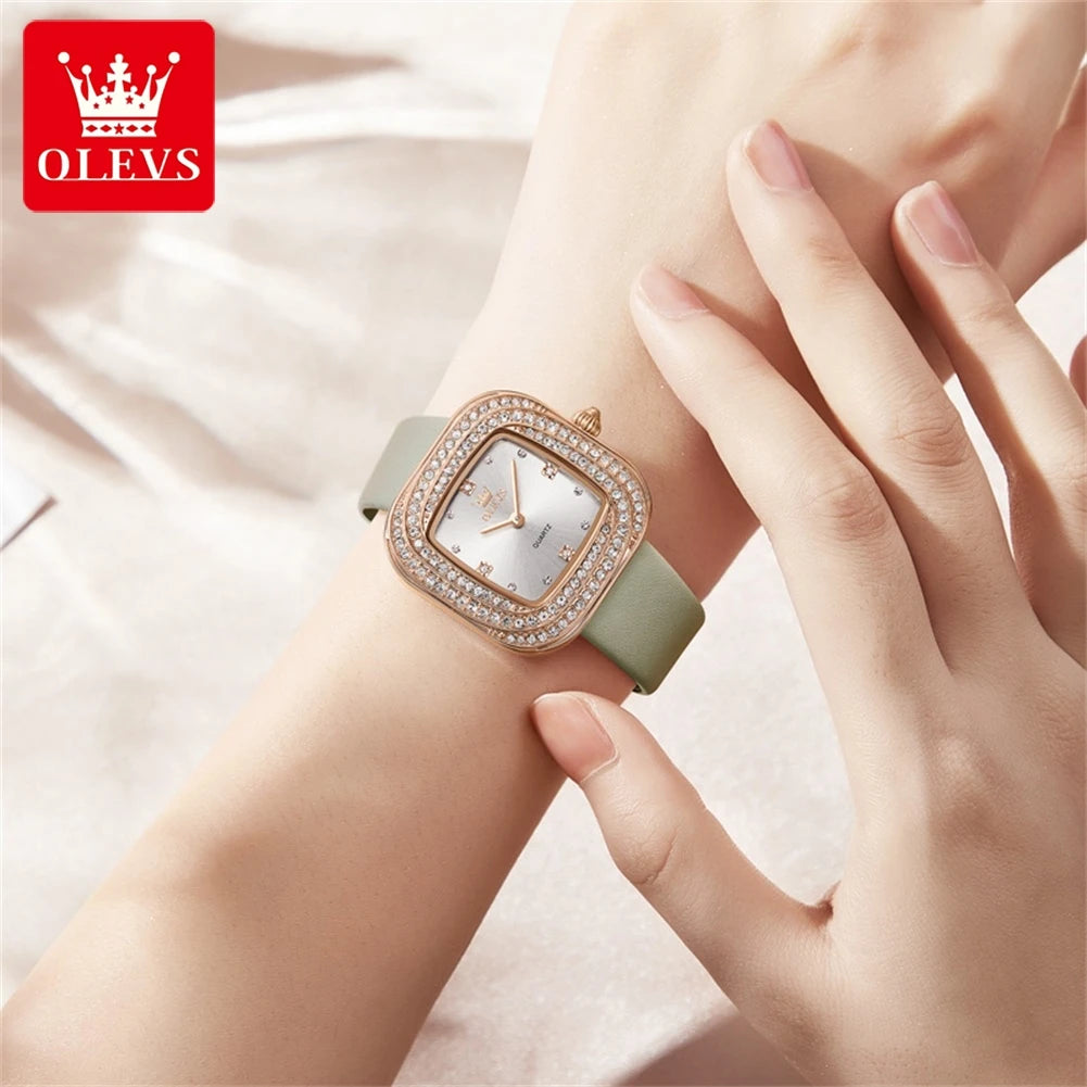 OLEVS 5512 Women Watch Luxury Diamond Square Dial Elegant Comfortable Waterproof Leather Strap Fashion Brand Women Quartz Watch