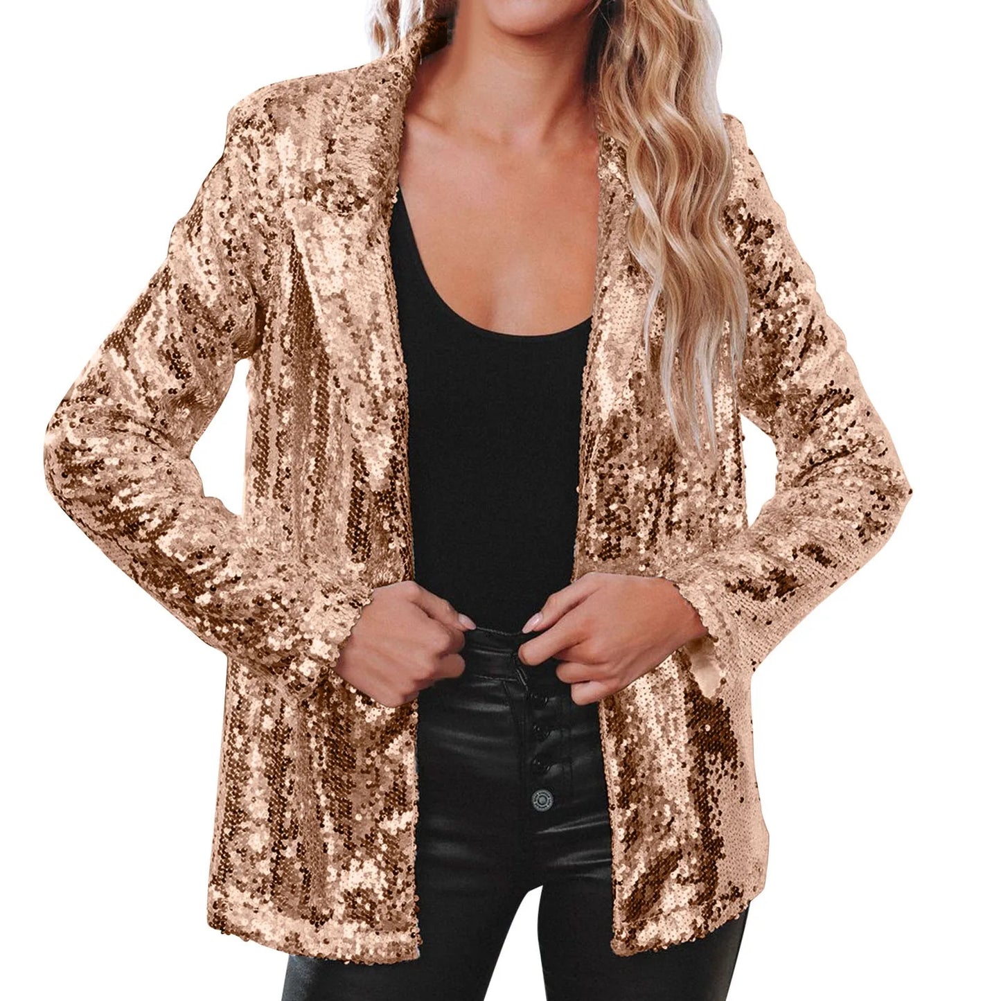 Women Golden Sequins Casual Long Sleeve Glitter Shiny Lapel Party Coat Outerwear Temperament Streetwear Autumn Winter Outwears