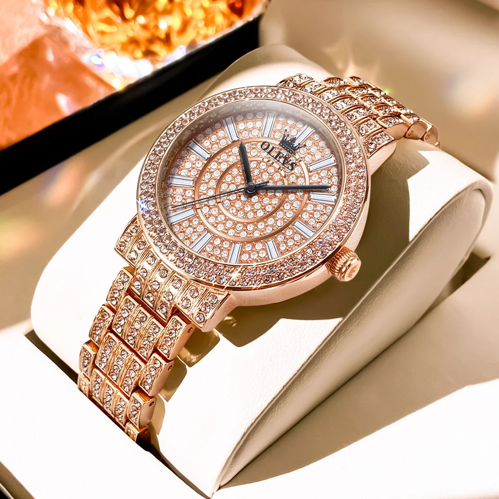 OLEVS Women's Watches Luxury Elegant Full Diamonds Original Quartz Watch for Man Waterproof Stainless Steel Gift Box Bracelet