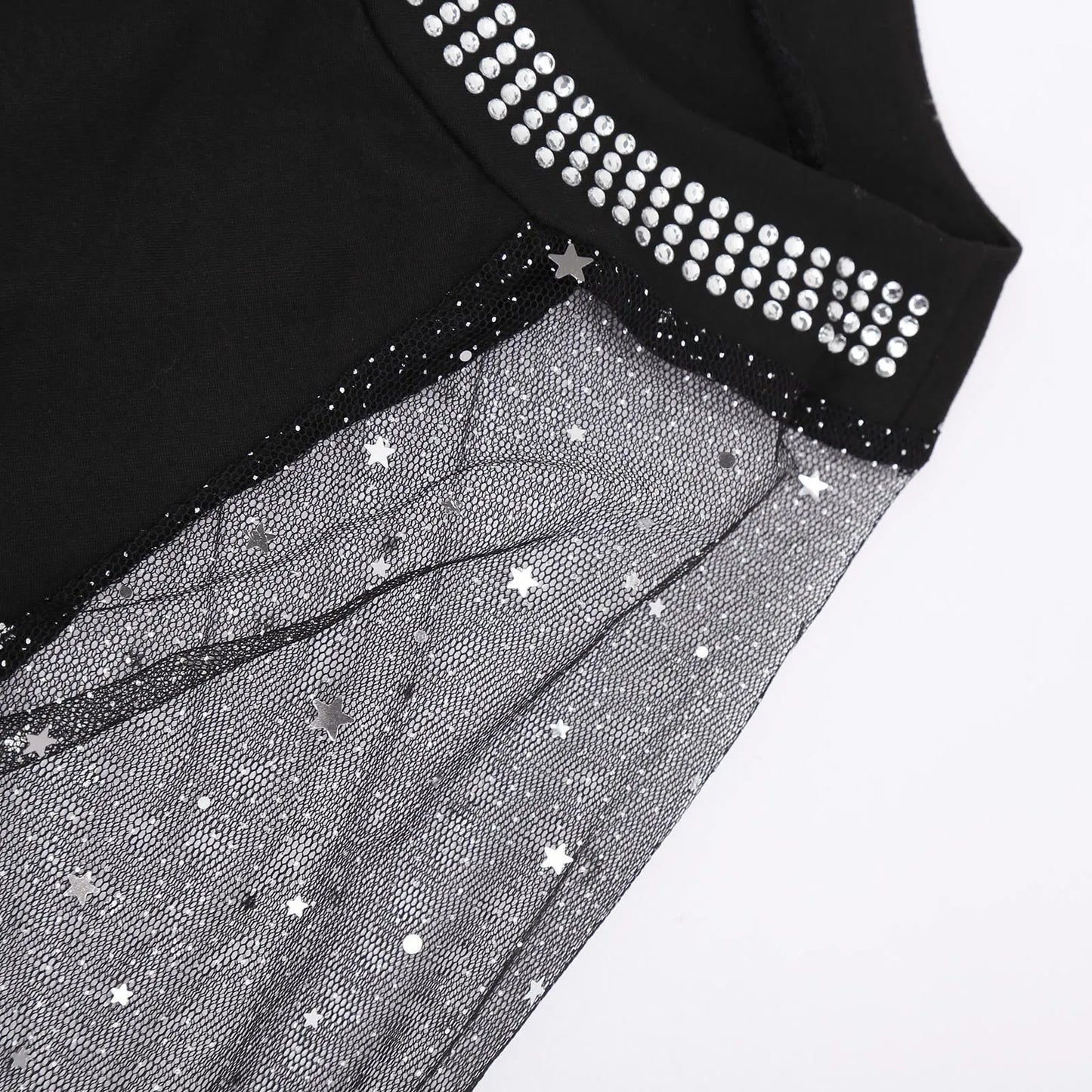 Woman Casual Rhinestone Sheer Mesh Patch Glitter Top Female Clothing New Women'S Fashion Long Sleeve Daily T-Shirt