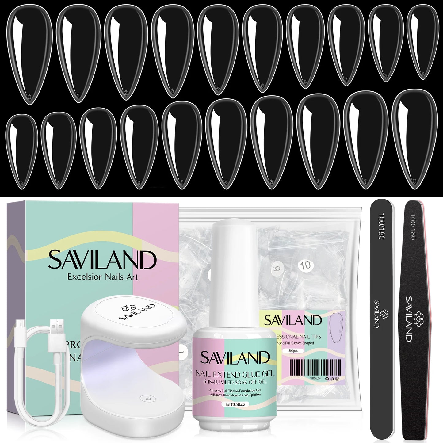 SAVILAND 500pcs Gel X Nail Kit For Extension Nail Tips Full Cover Press On Nails Sculpted Coffin Almond with UV LED Nail Lamp