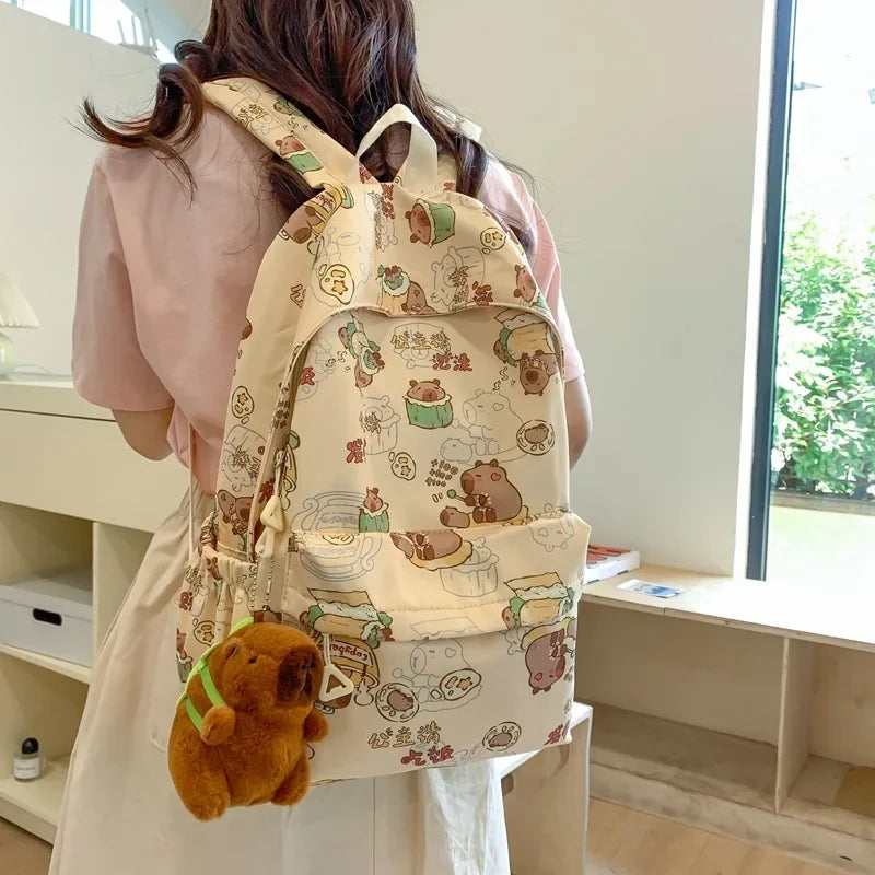 Cute Girl Backpack Lightweight Middle School Bag Large Capacity Capybara Student Backpack Nylon Handbag Student Laptop Bag