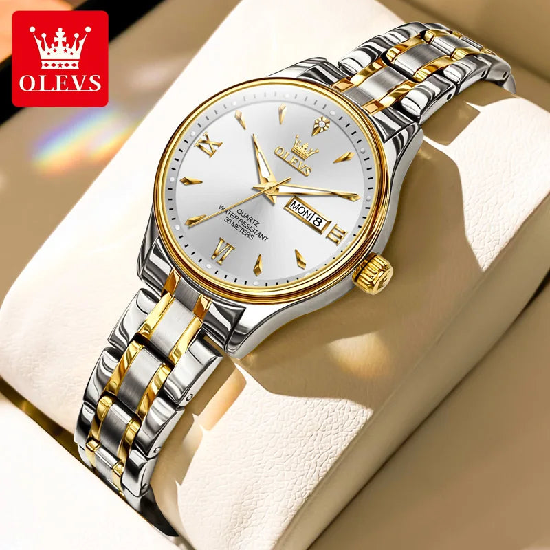 OLEVS Top Brand Elegant Women's Watches Gold Waterproof Fashion Original Quartz Watch for Lady Calendar Week Female Wristwatch