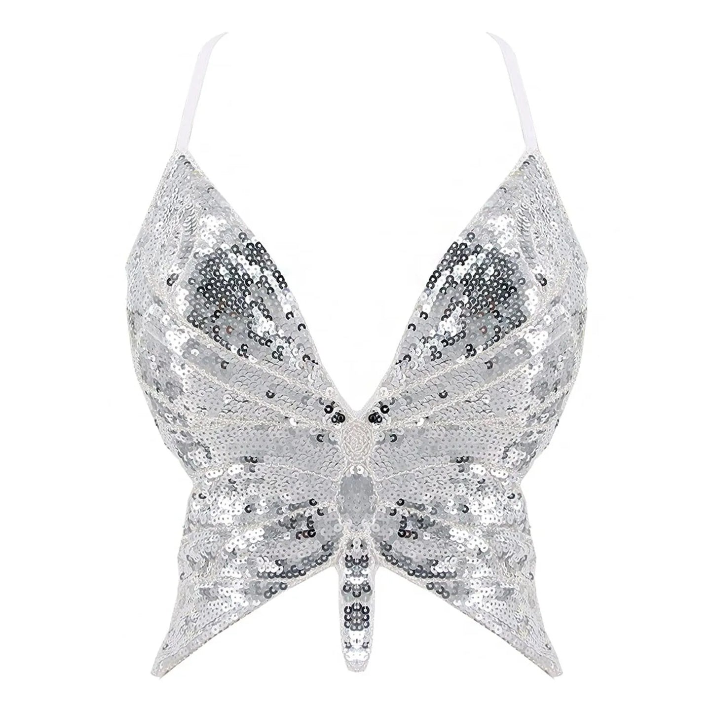 Sexy Glitter Sequins Butterfly Night Club Bra Vest Women's Fashion Sparkly Sleeveless Bandage Tank  Top Female Crop Dance Vest