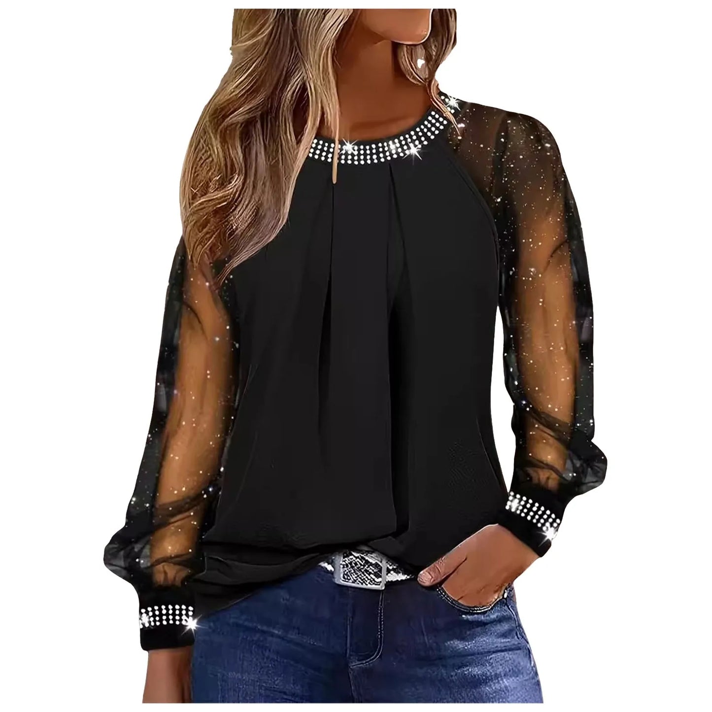 Woman Casual Rhinestone Sheer Mesh Patch Glitter Top Female Clothing New Women'S Fashion Long Sleeve Daily T-Shirt