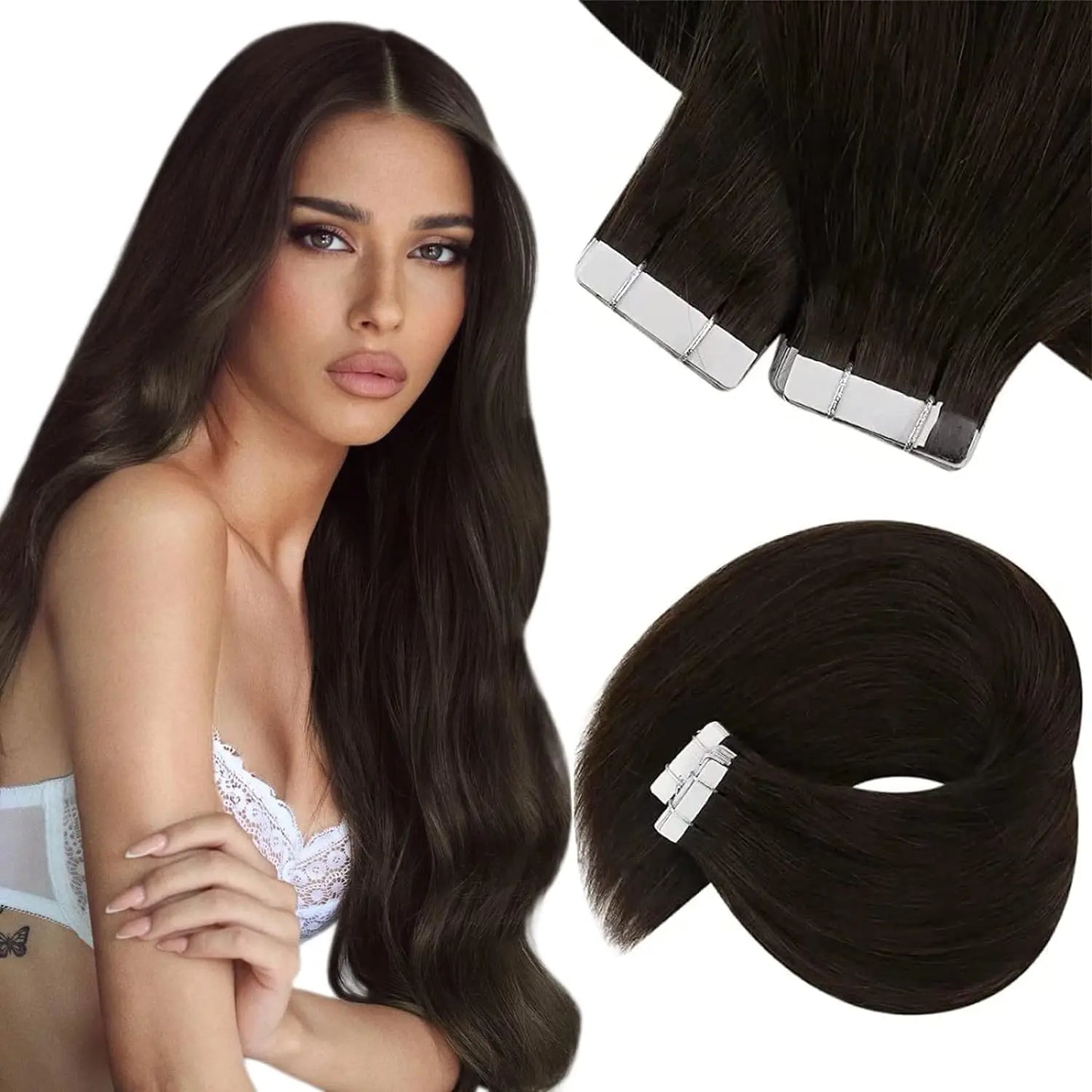 VeSunny Brown Tape in Hair Extensions Human Hair Brown Skin Weft Darkest Brown Human Hair Extensions for Women