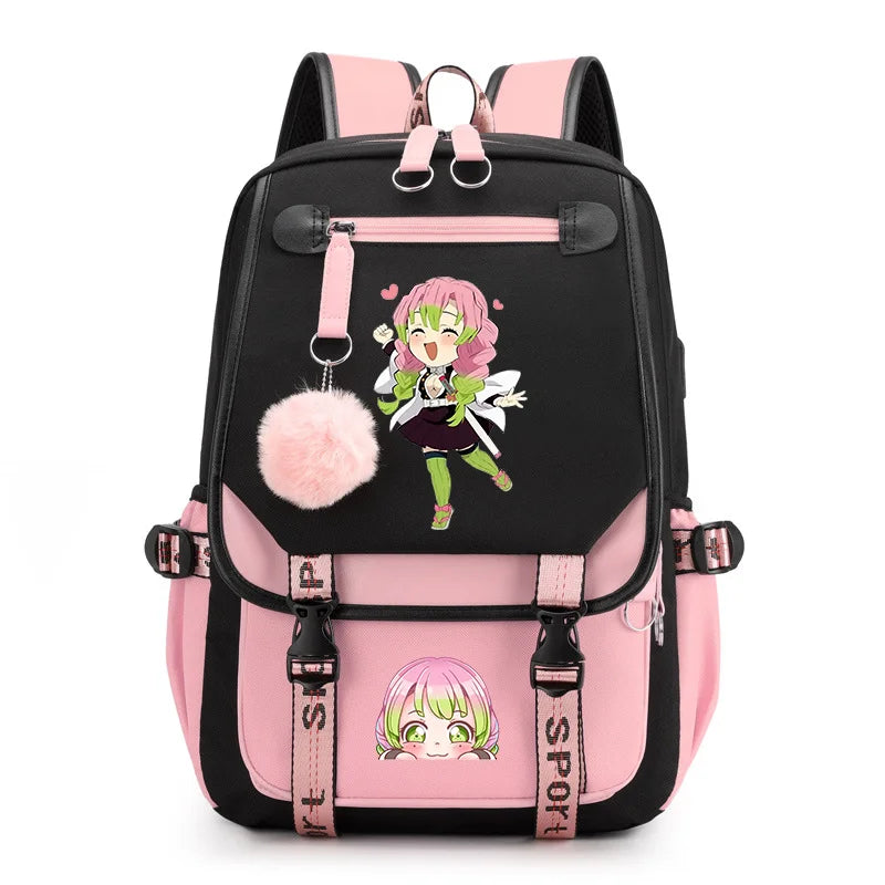 Cute Kanroji Mitsuri Backpack New Teenage Outdoor Street Anime Backpack High Quality USB Backpack Kanroji Mitsuri Backpack