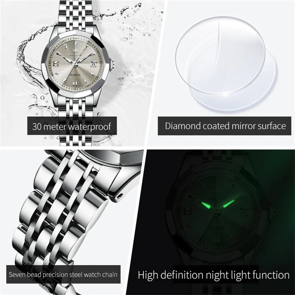 OLEVS Elegant Fashion Ladies Watches 9998 Original Quartz Women's Watches Waterproof Stainless Steel Luminous Date Wristwatch